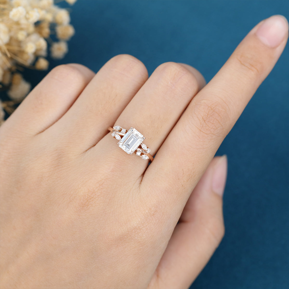 1.60 CT Emerald Shaped Moissanite Cluster Engagement Ring 2
