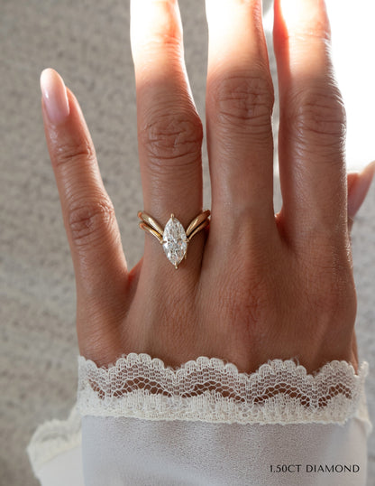 1.5 CT Marquise Cut Solitaire Lab Grown Diamond Ring With Wrap Classic Plain Band