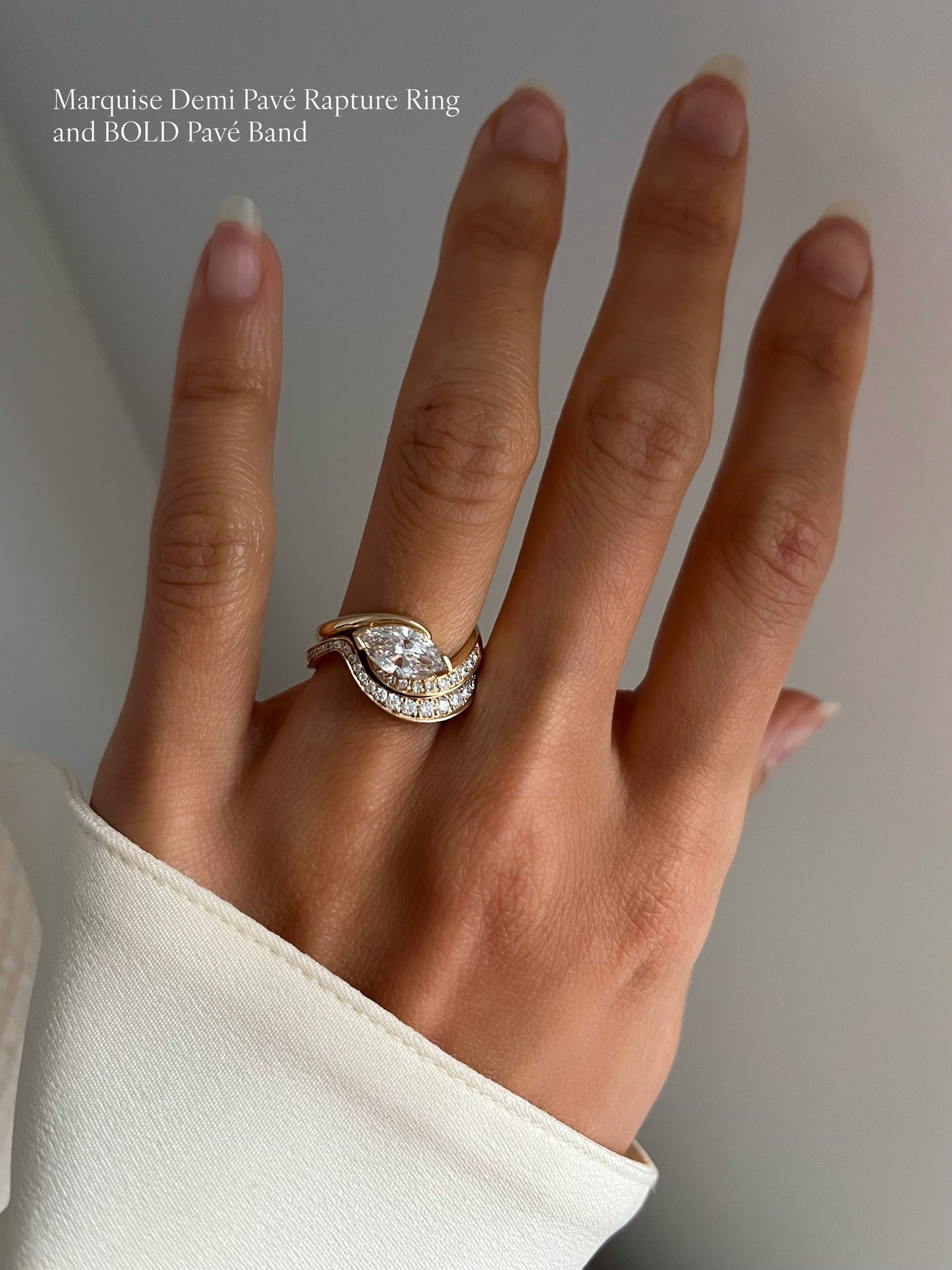 1 CT East-West Marquise Cut Curved Lab Grown Diamond Ring With Bold Pave Band
