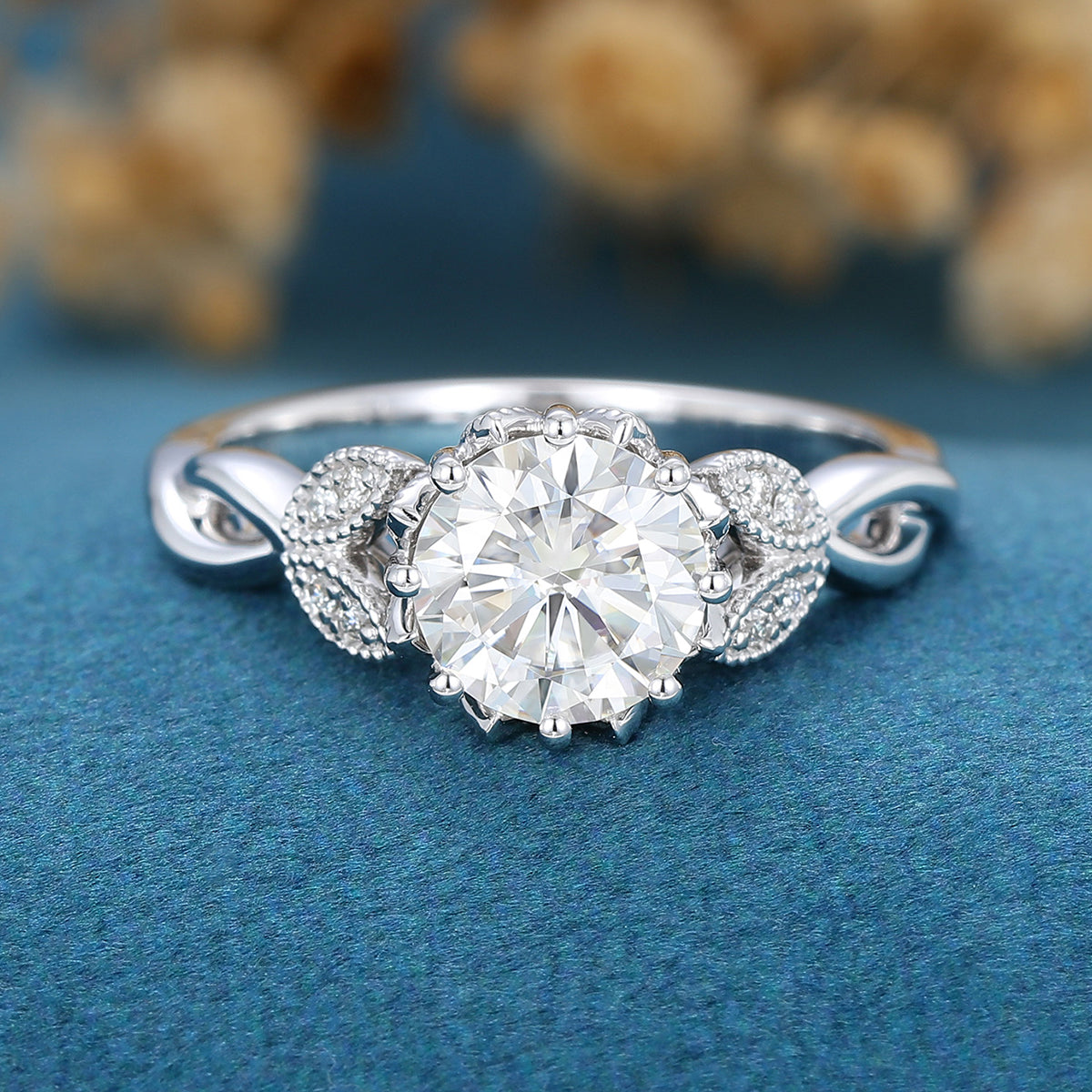 1.10 CT Round Shaped Moissanite Milgrain Art Deco Engagement Ring 1