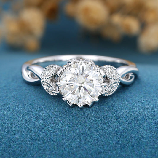 1.10 CT Round Shaped Moissanite Milgrain Art Deco Engagement Ring 1