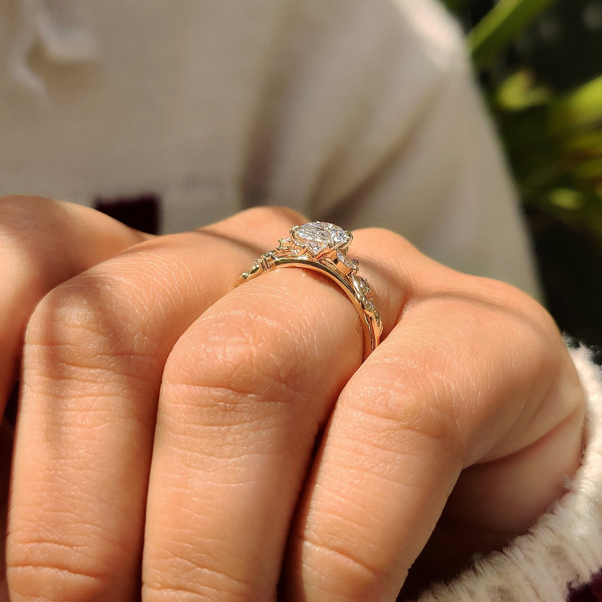 Oval Nature Inspired Cluster Lab Grown Diamond Engagement Ring