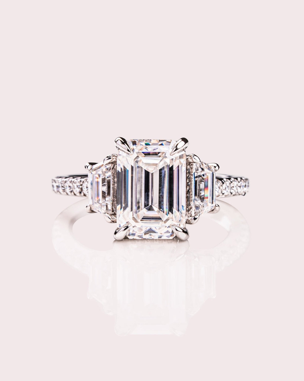 Emerald Three Stones & Pave Lab Grown Diamond Engagement Ring
