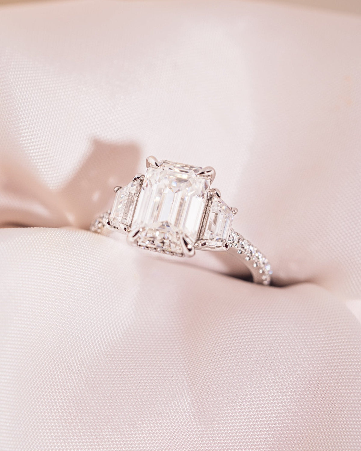 Emerald Three Stones & Pave Lab Grown Diamond Engagement Ring