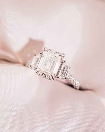 Emerald Three Stones & Pave Lab Grown Diamond Engagement Ring