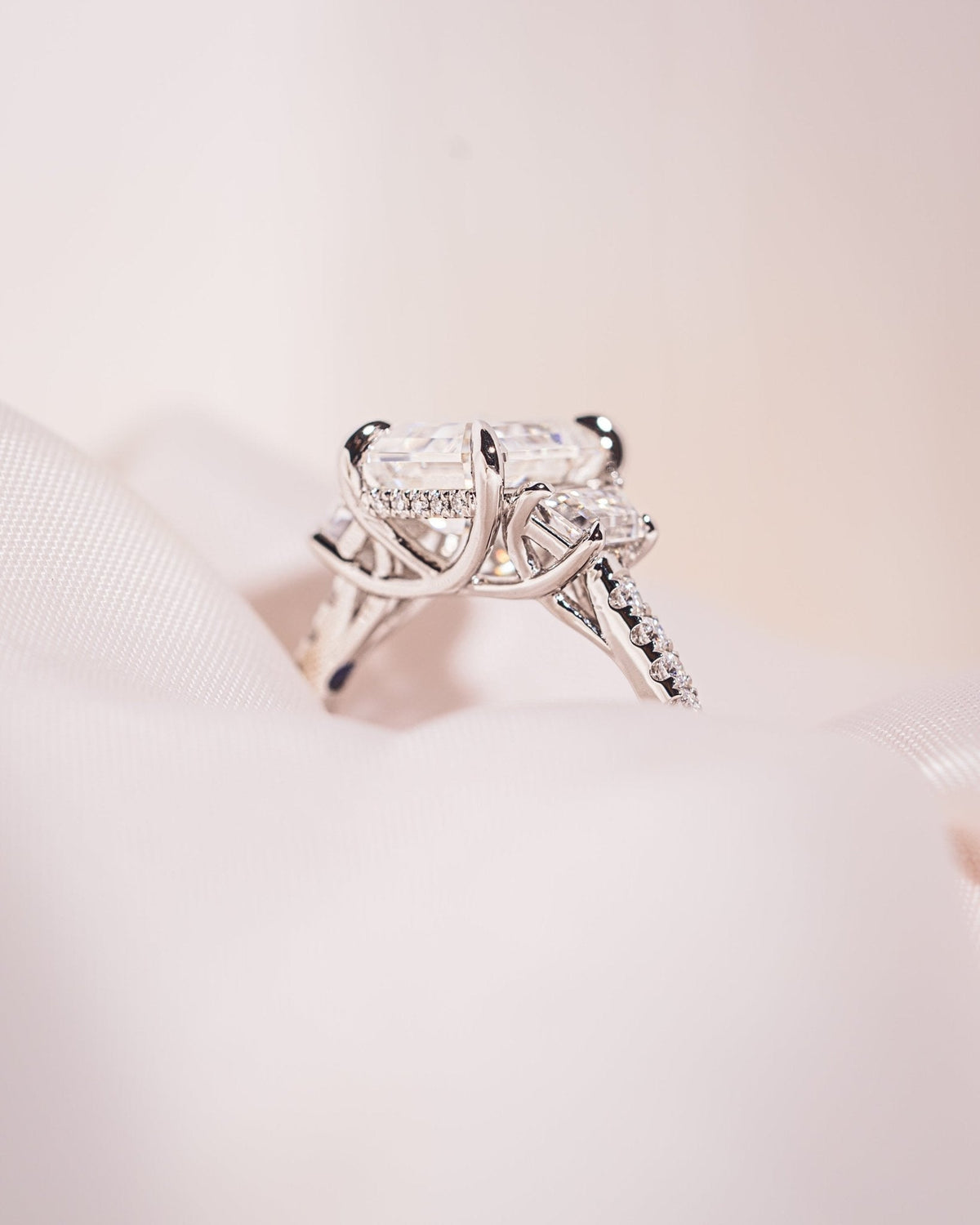 Emerald Three Stones & Pave Lab Grown Diamond Engagement Ring