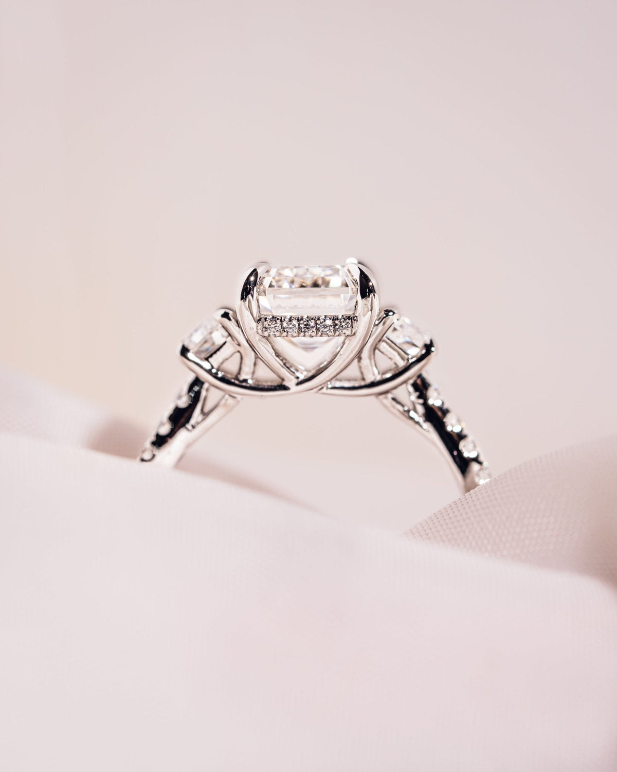 Emerald Three Stones & Pave Lab Grown Diamond Engagement Ring