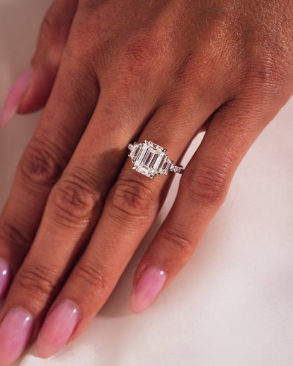Emerald Three Stones & Pave Lab Grown Diamond Engagement Ring