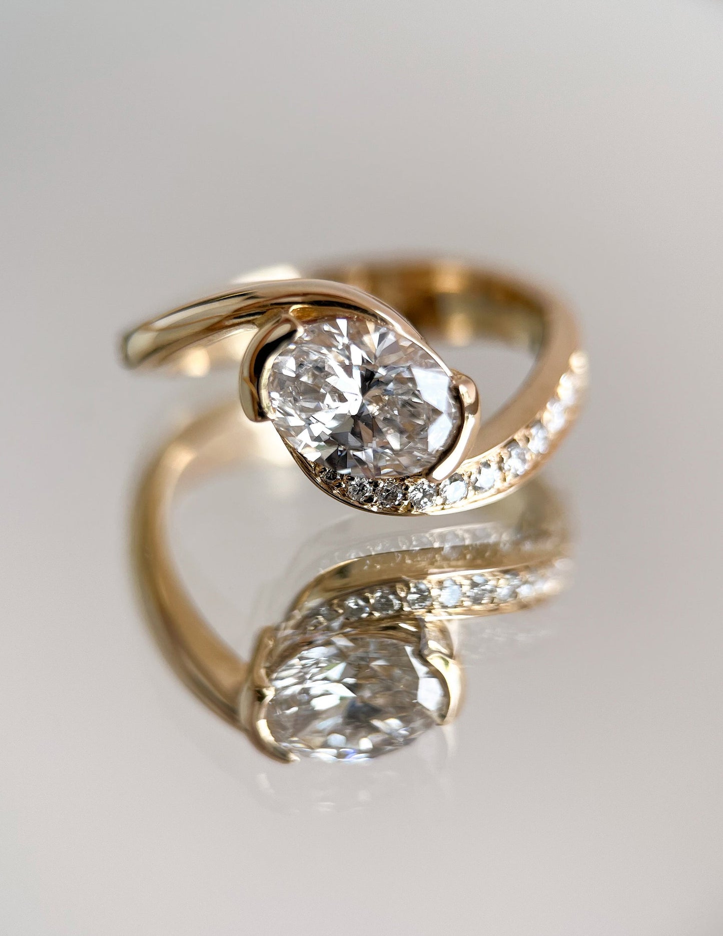 1 CT Oval Swirl East West Semi Pave Lab Grown Engagement Ring