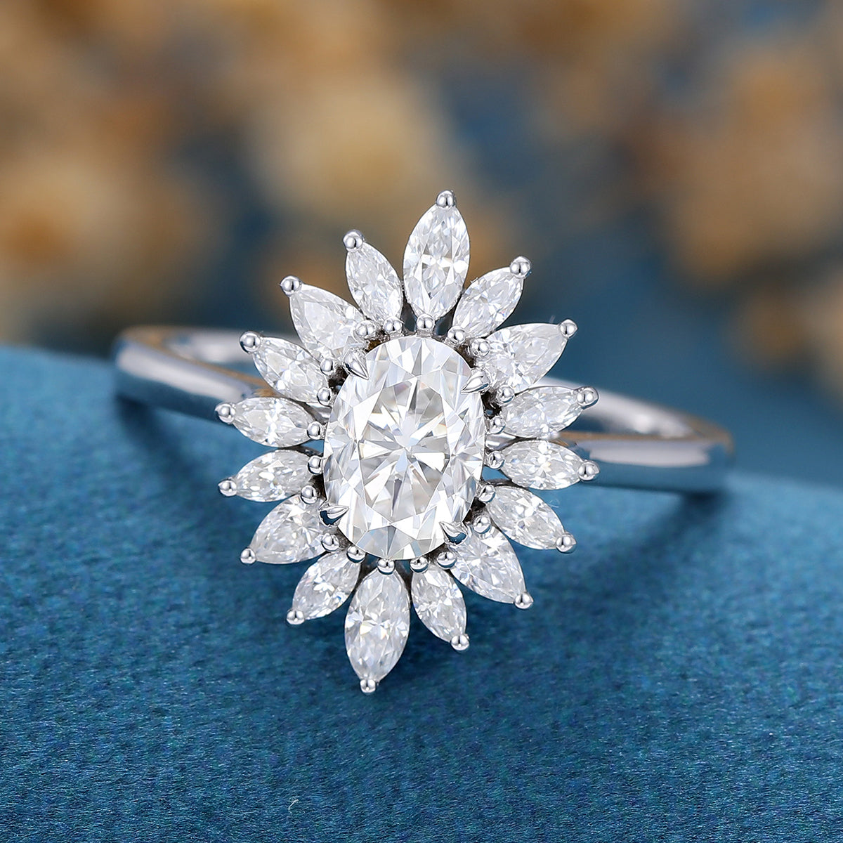 0.84 CT Oval Shaped Moissanite Halo Engagement Ring 5