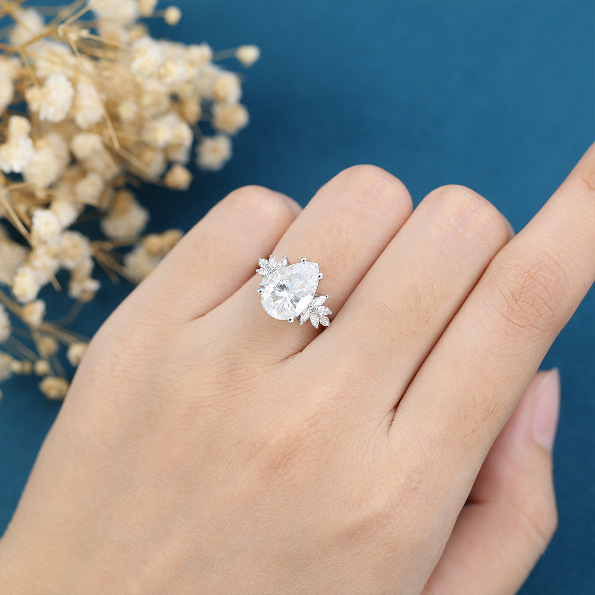 3.09 CT Pear Shaped Moissanite Cluster Engagement Ring 2