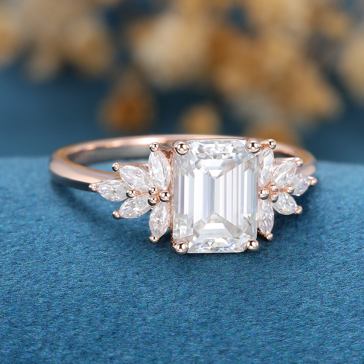 1.60 CT Emerald Shaped Moissanite Cluster Engagement Ring 3