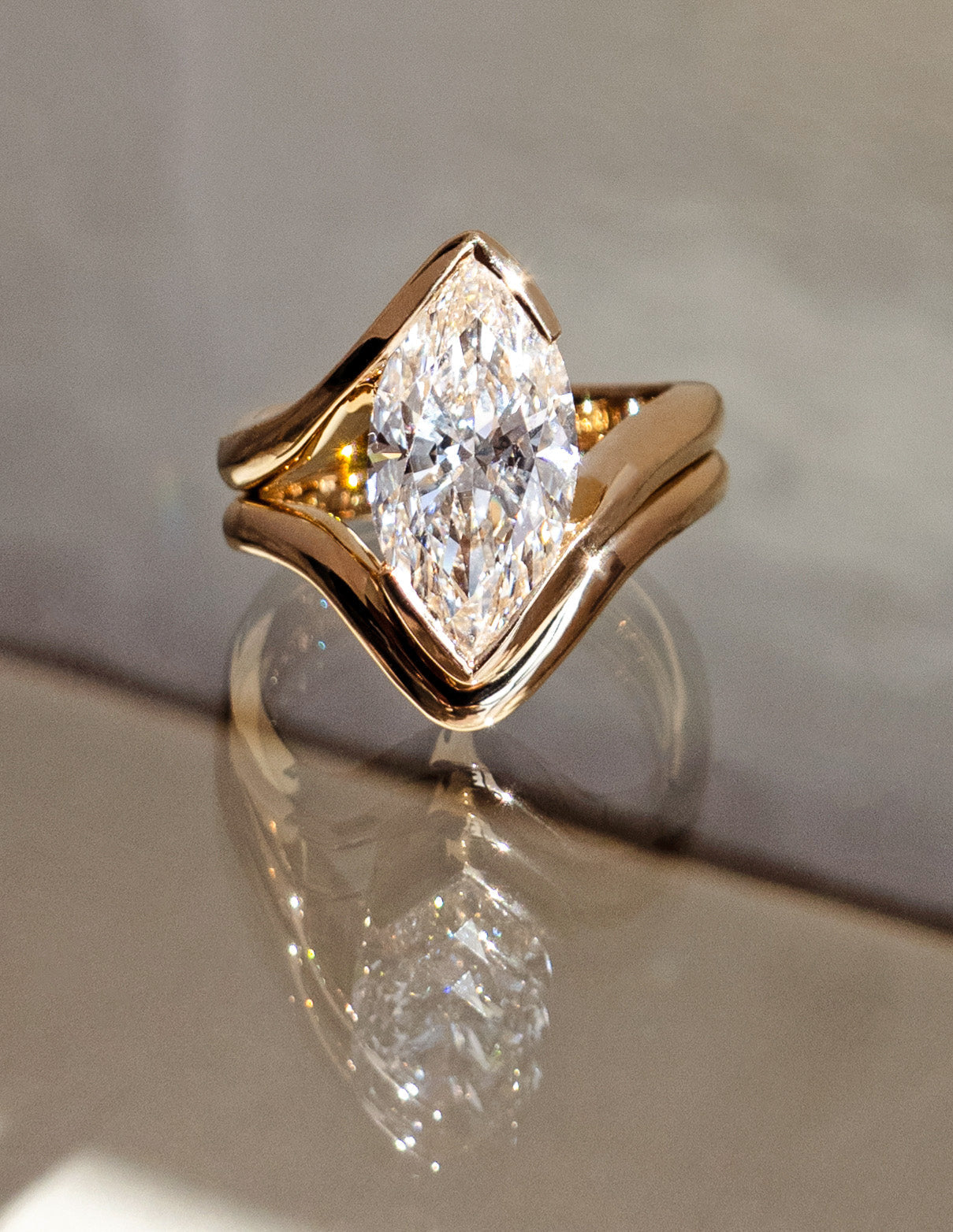 2 CT Marquise Lab Grown Engagement Ring with Plain Stacking Band