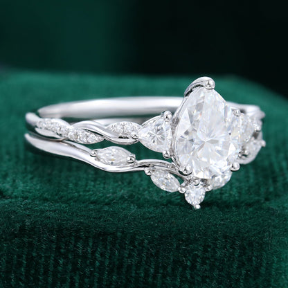 1.50 CT Pear Moissanite Three Stone Bridal Ring Set 3