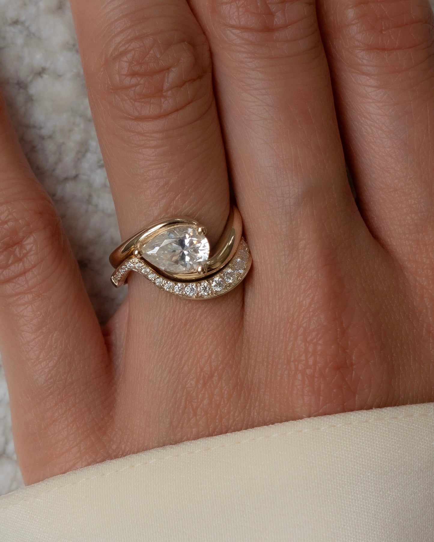 1 CT Pear Cut Solitaire Lab Grown Diamond Ring With Wrap Bold Pave Band