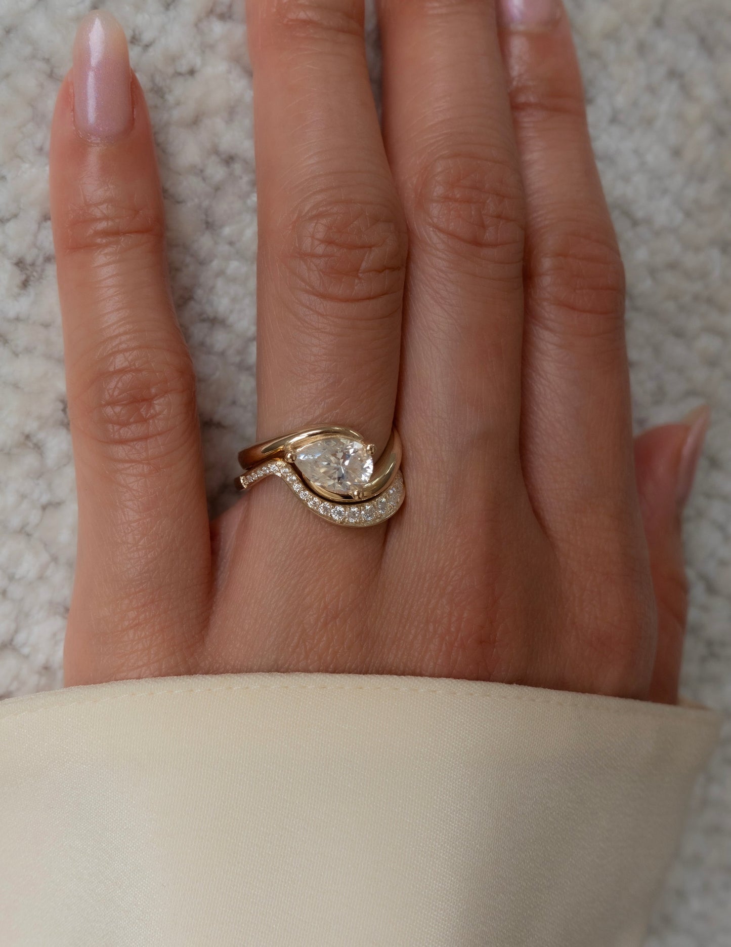 1 CT Pear Cut Solitaire Lab Grown Diamond Ring With Wrap Bold Pave Band