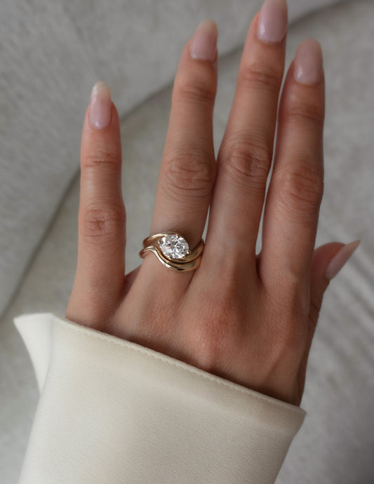 1.5 CT East West Oval Lab Grown Engagement Ring with Plain Stacking Band