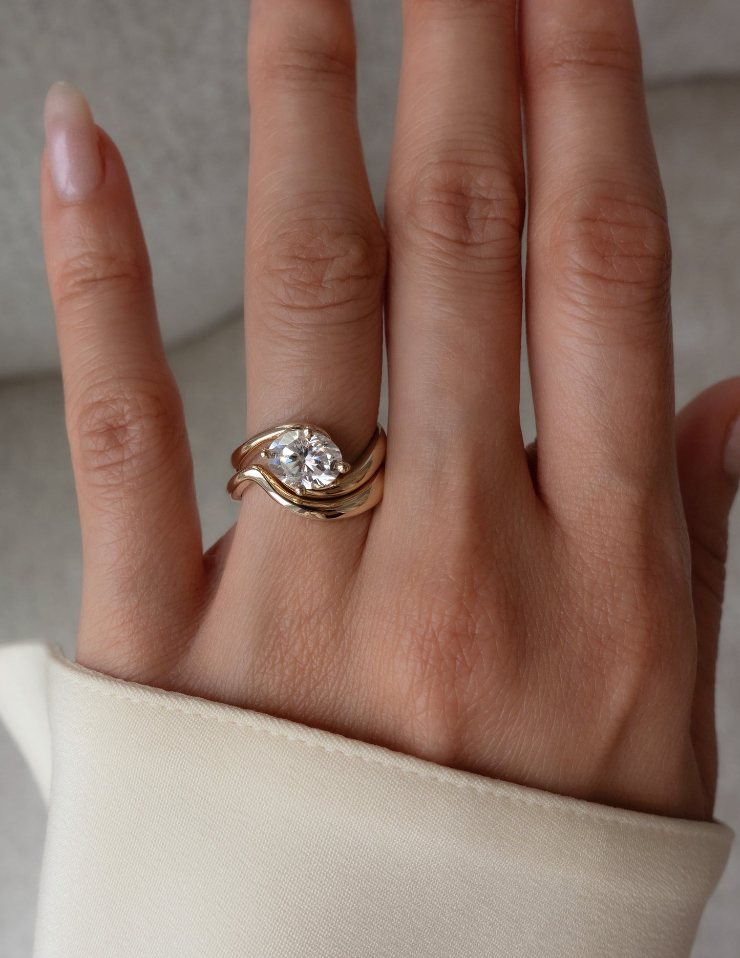 1.5 CT East West Oval Lab Grown Engagement Ring with Plain Stacking Band