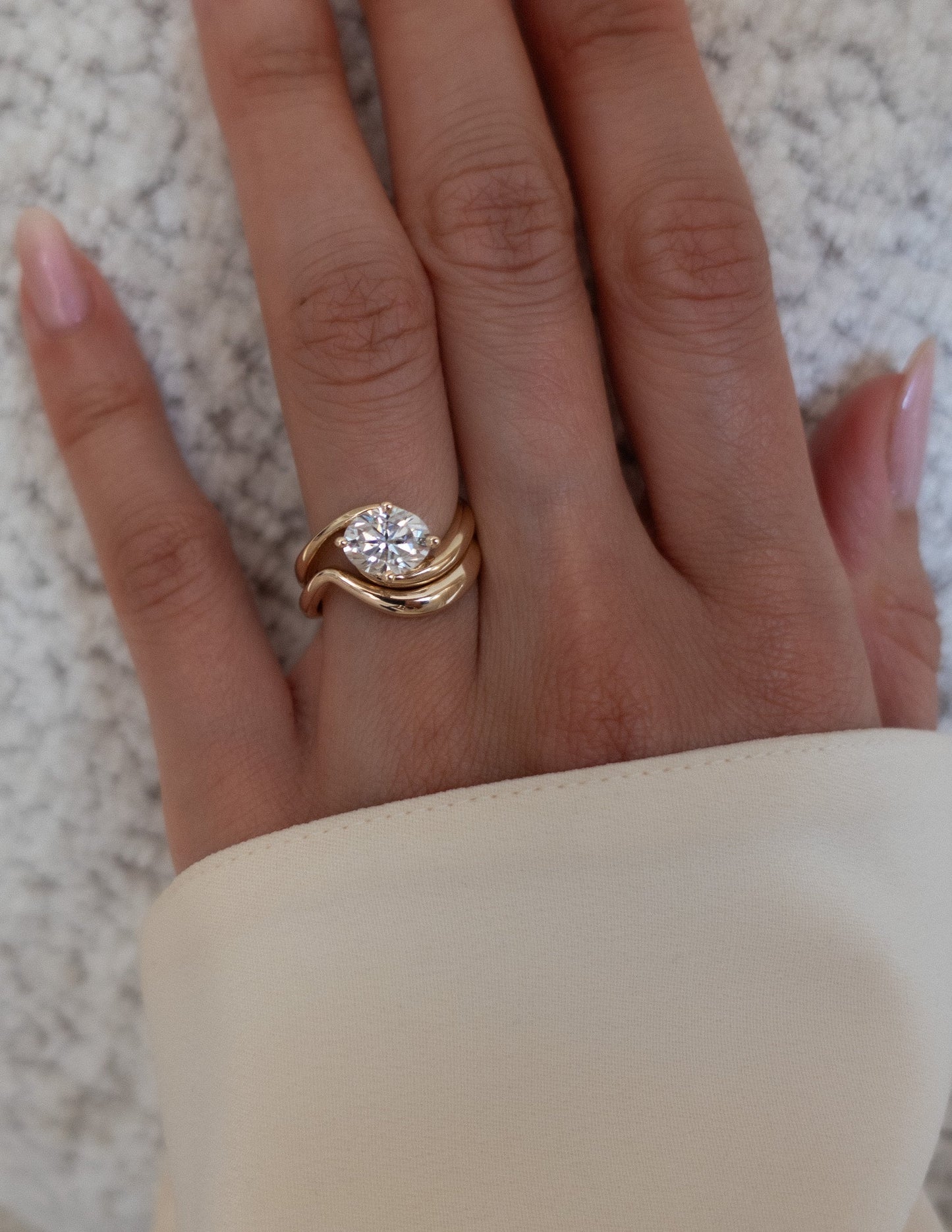 1.5 CT East West Oval Lab Grown Engagement Ring with Plain Stacking Band