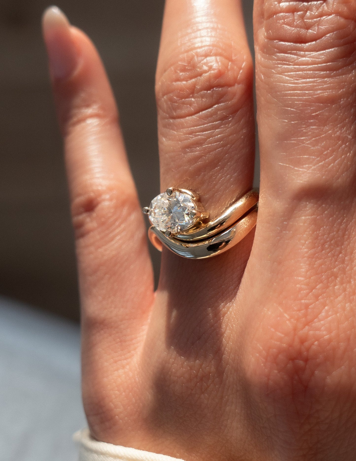 1.5 CT East West Oval Lab Grown Engagement Ring with Plain Stacking Band