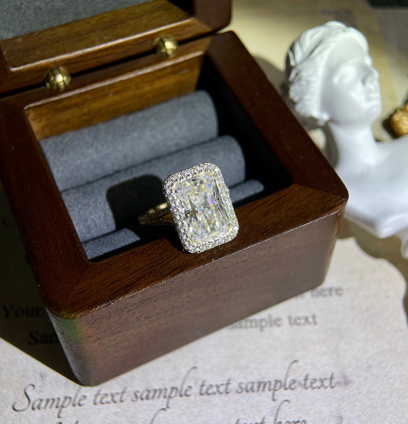 5.0 CT Radiant Shaped Moissanite Engagement Ring With Halo Split Shank Pave Accents 14
