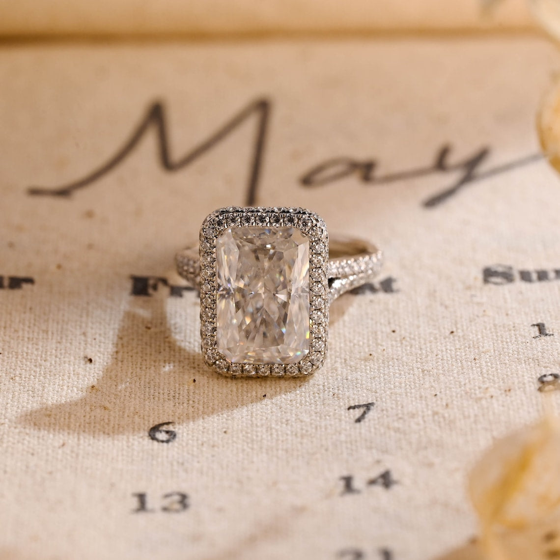5.0 CT Radiant Shaped Moissanite Engagement Ring With Halo Split Shank Pave Accents 1