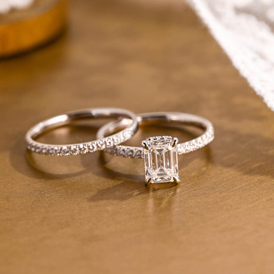 2 CT Emerald Cut Hidden Halo & Pave Styled Lab Grown Diamond Bridal Ring Set