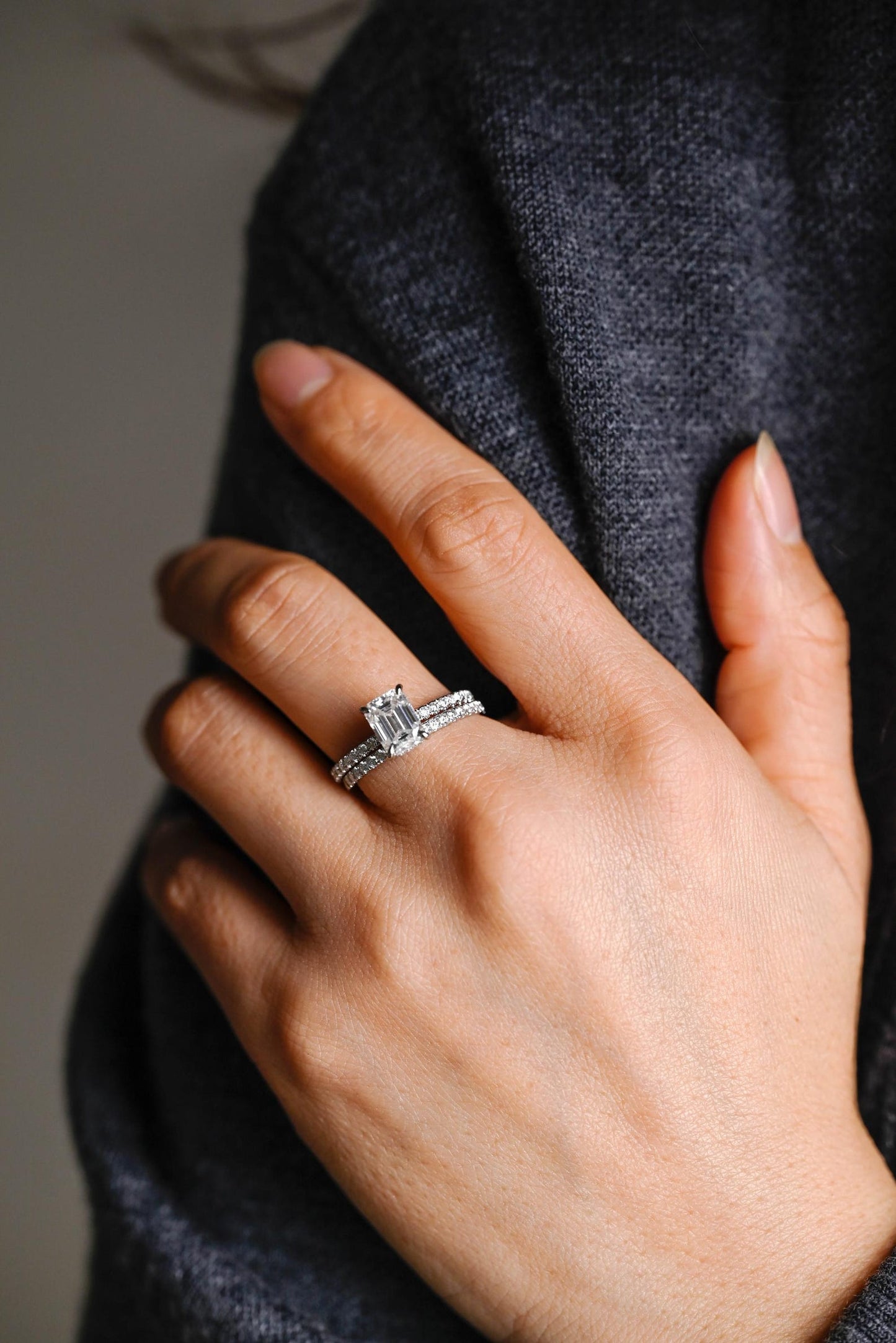 2 CT Emerald Cut Hidden Halo & Pave Styled Lab Grown Diamond Bridal Ring Set