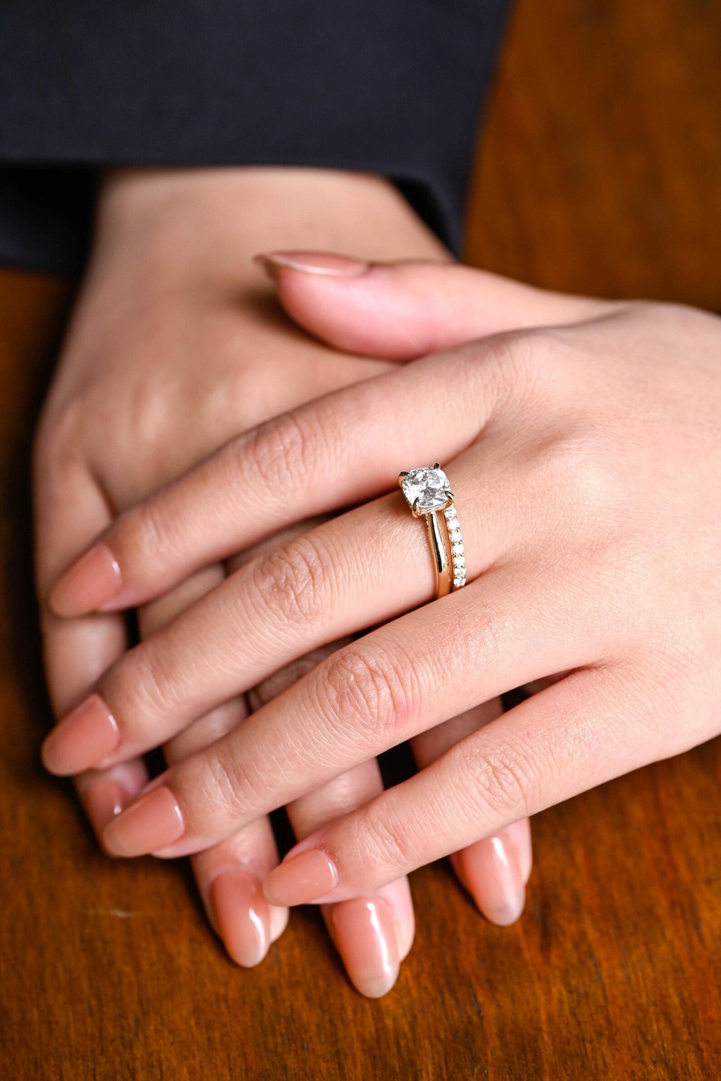 2 CT Cushion Cut Hidden Halo & Cathedral Styled Lab Grown Diamond Bridal Ring Set