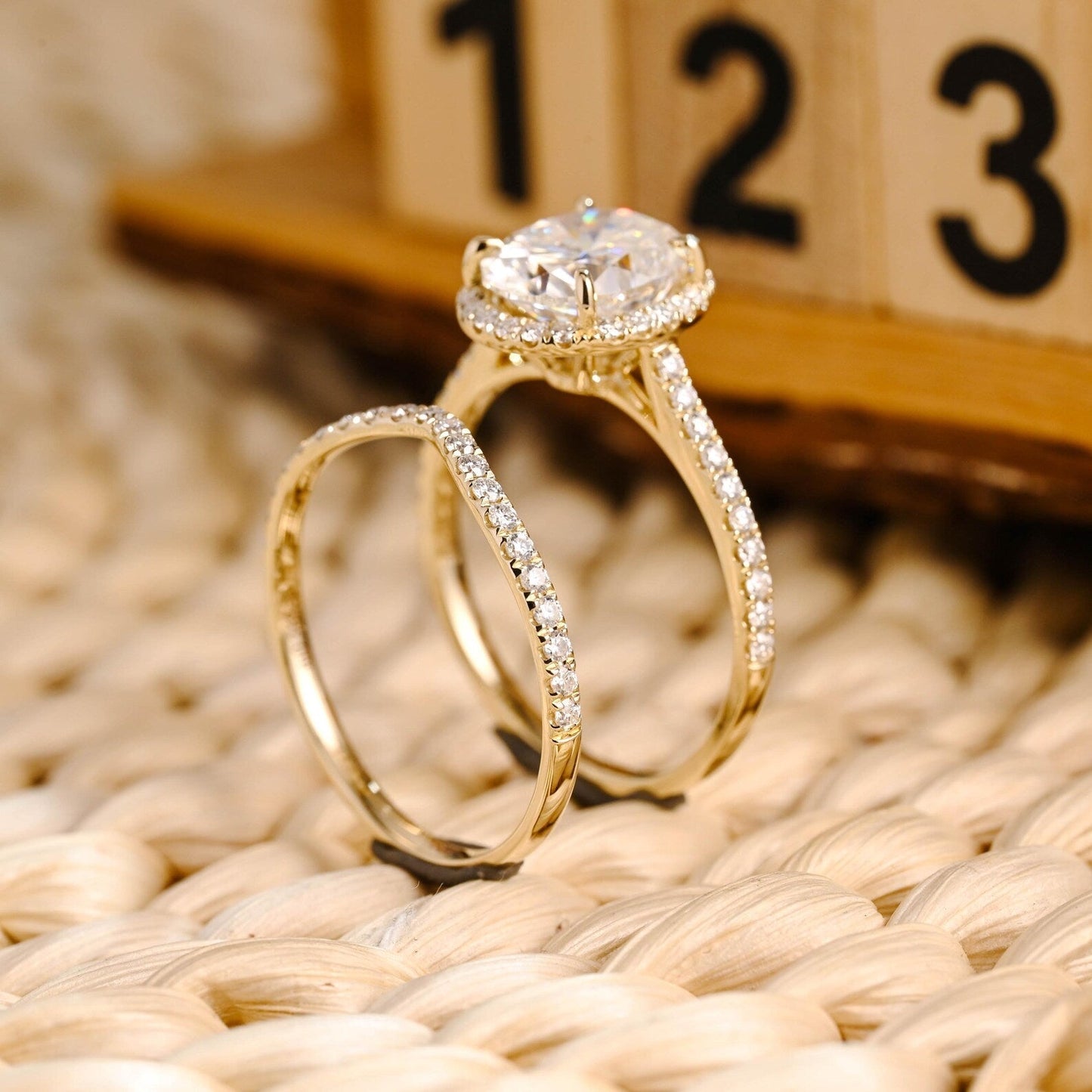 2.5 CT Oval Cut Halo & Pave Styled Lab Grown Diamond Bridal Ring Set