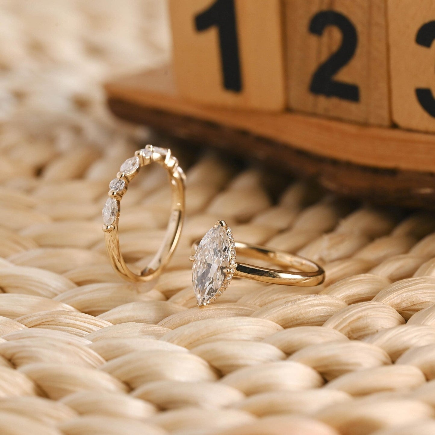 1 CT Marquise Cut Hidden Halo Styled Lab Grown Diamond Bridal Ring Set