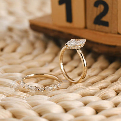 1 CT Marquise Cut Hidden Halo Styled Lab Grown Diamond Bridal Ring Set