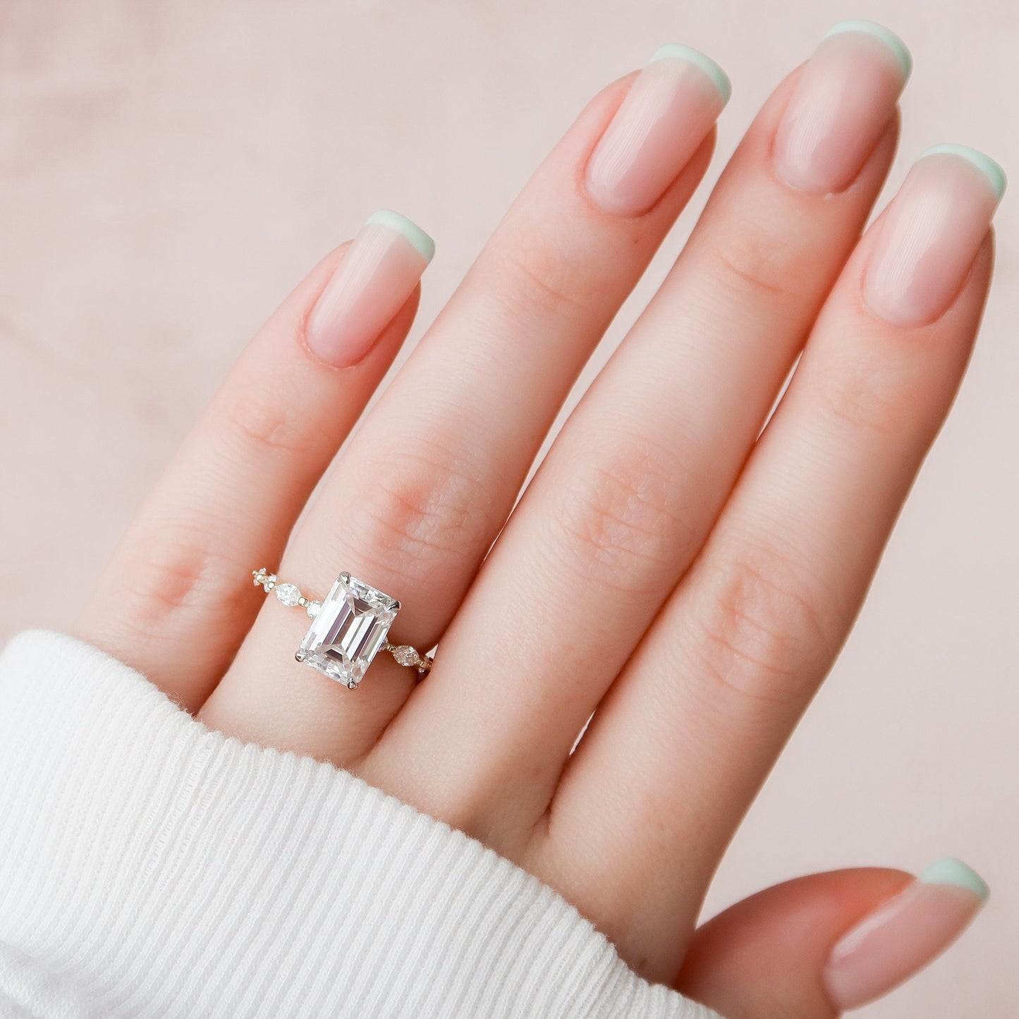 3.0 CT Emerald Cut Hidden Halo Pave Setting Moissanite Engagement Ring 2