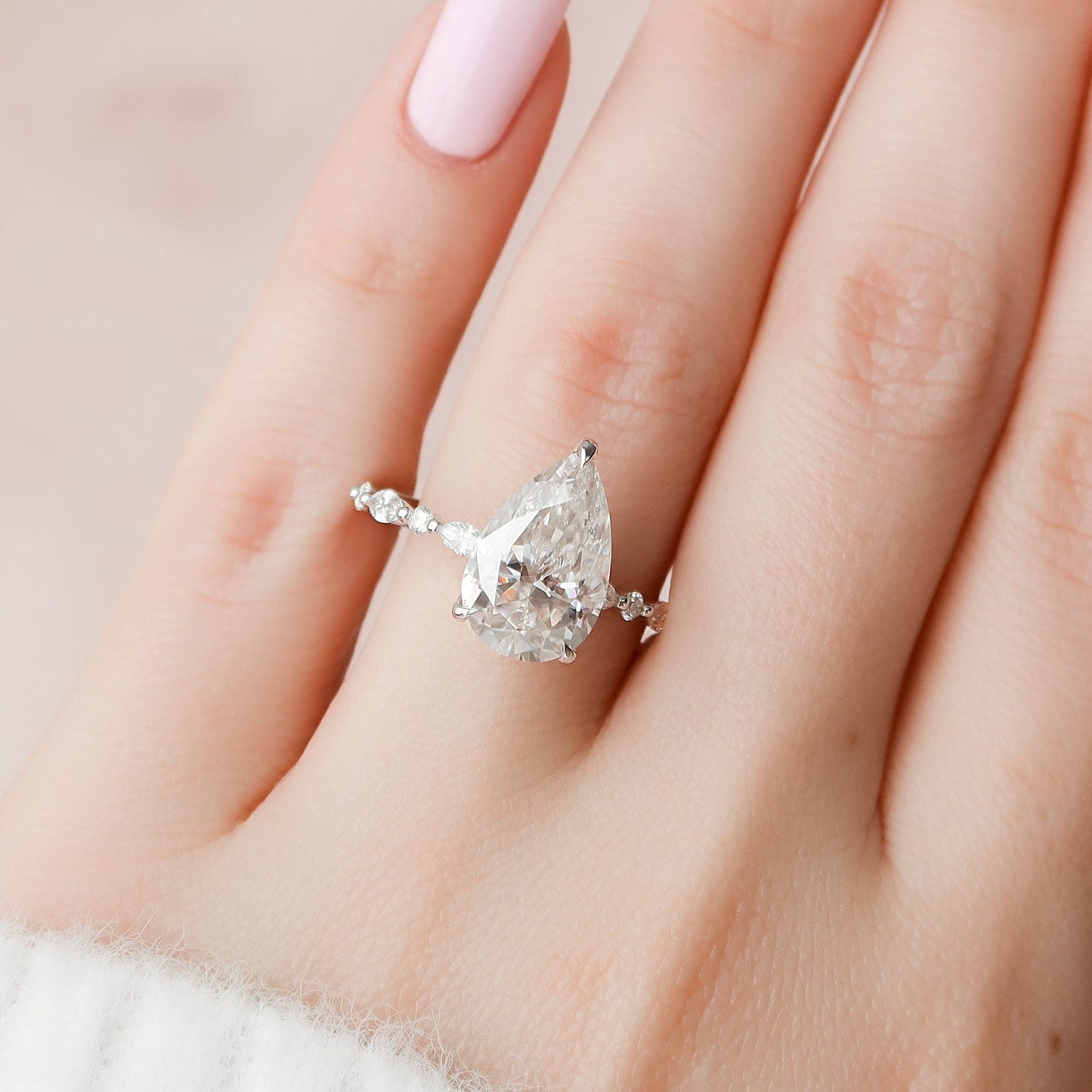 4.0 CT Pear Cut Hidden Halo Setting Moissanite Engagement Ring 7