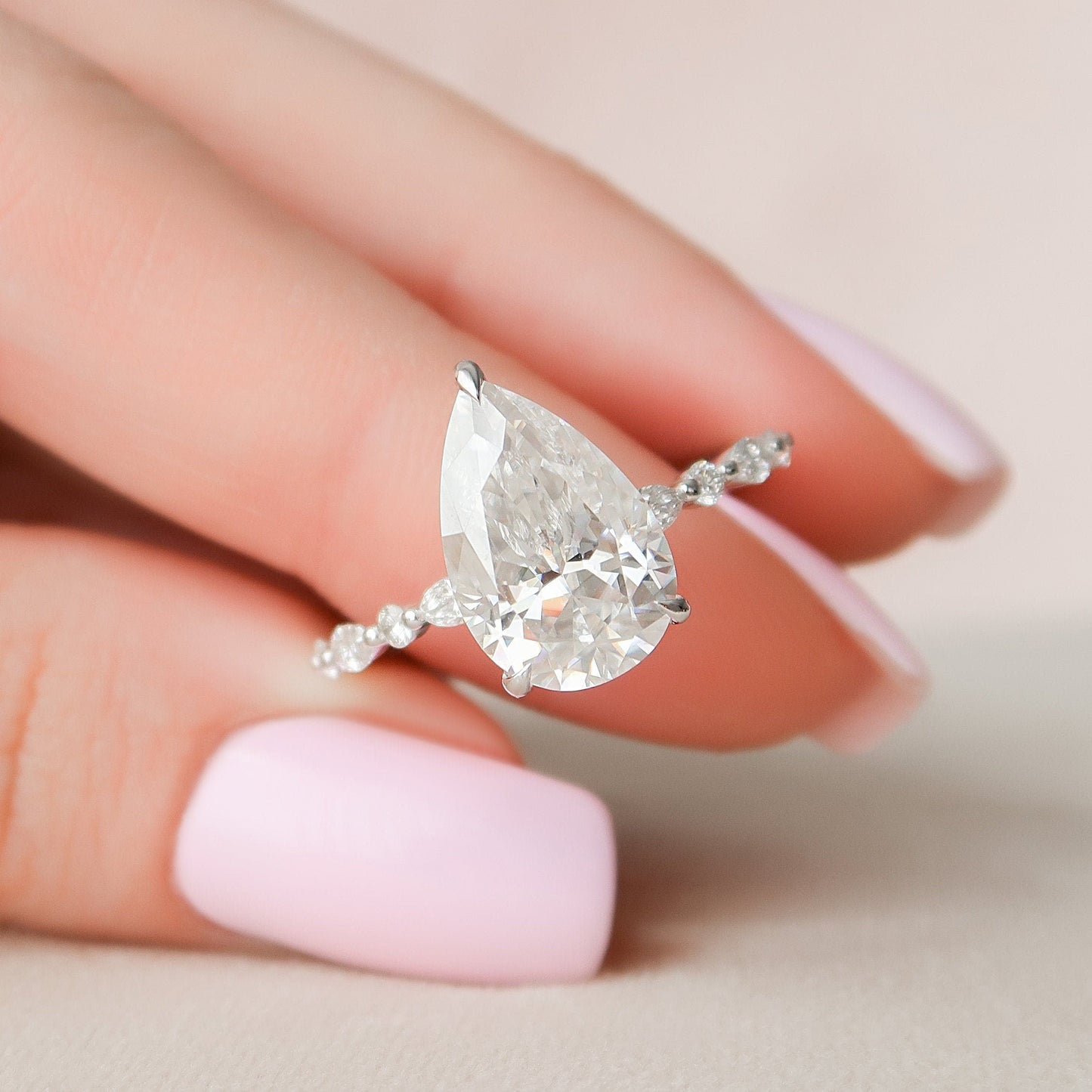 4.0 CT Pear Cut Hidden Halo Setting Moissanite Engagement Ring 2