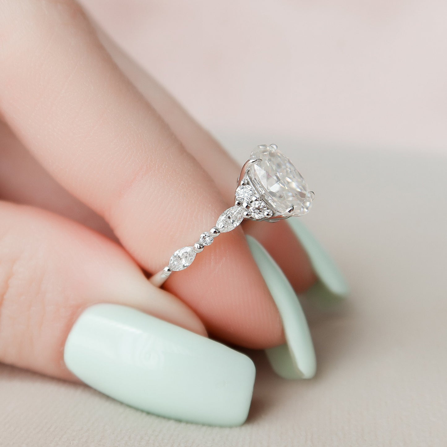 1.5 CT Oval Cut Cluster Pave Moissanite Engagement Ring 6