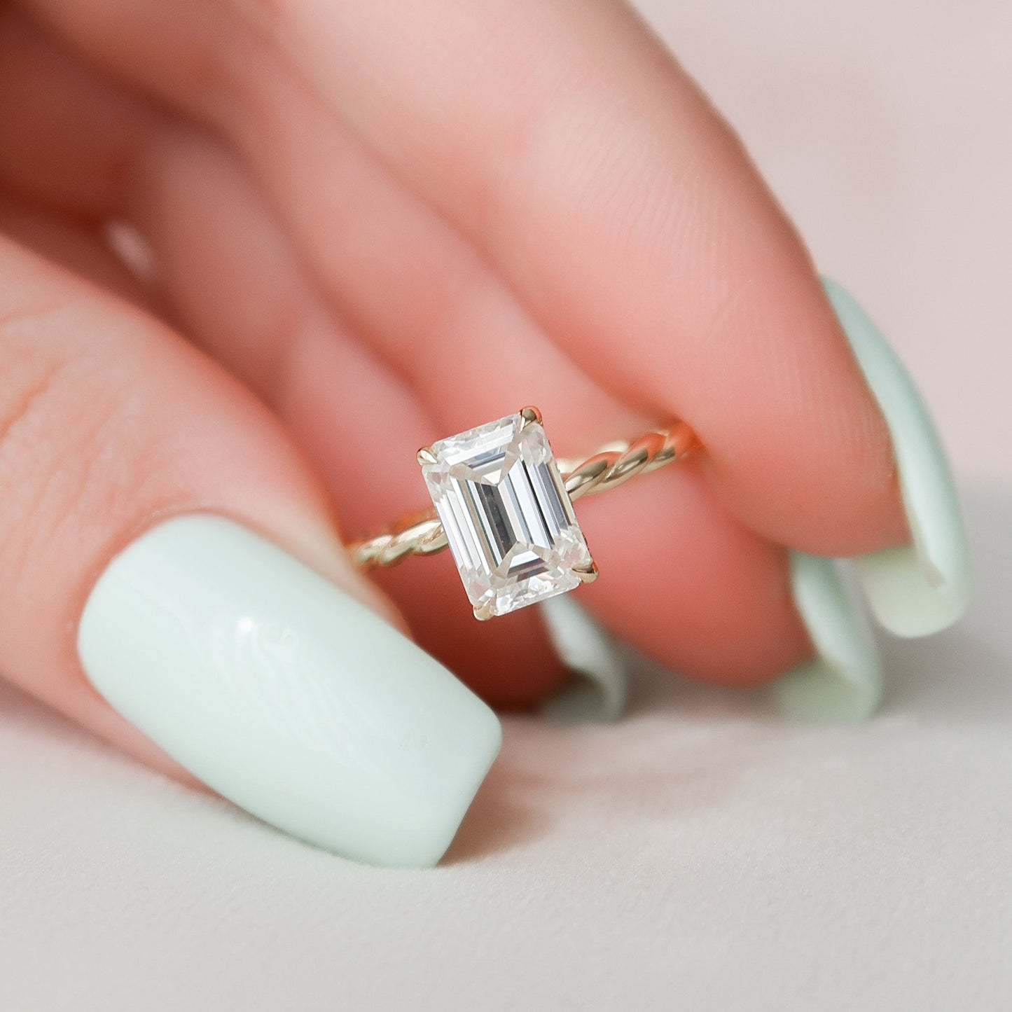 2.0 CT Emerald Twisted Shank Hidden Halo Moissanite Engagement Ring 3