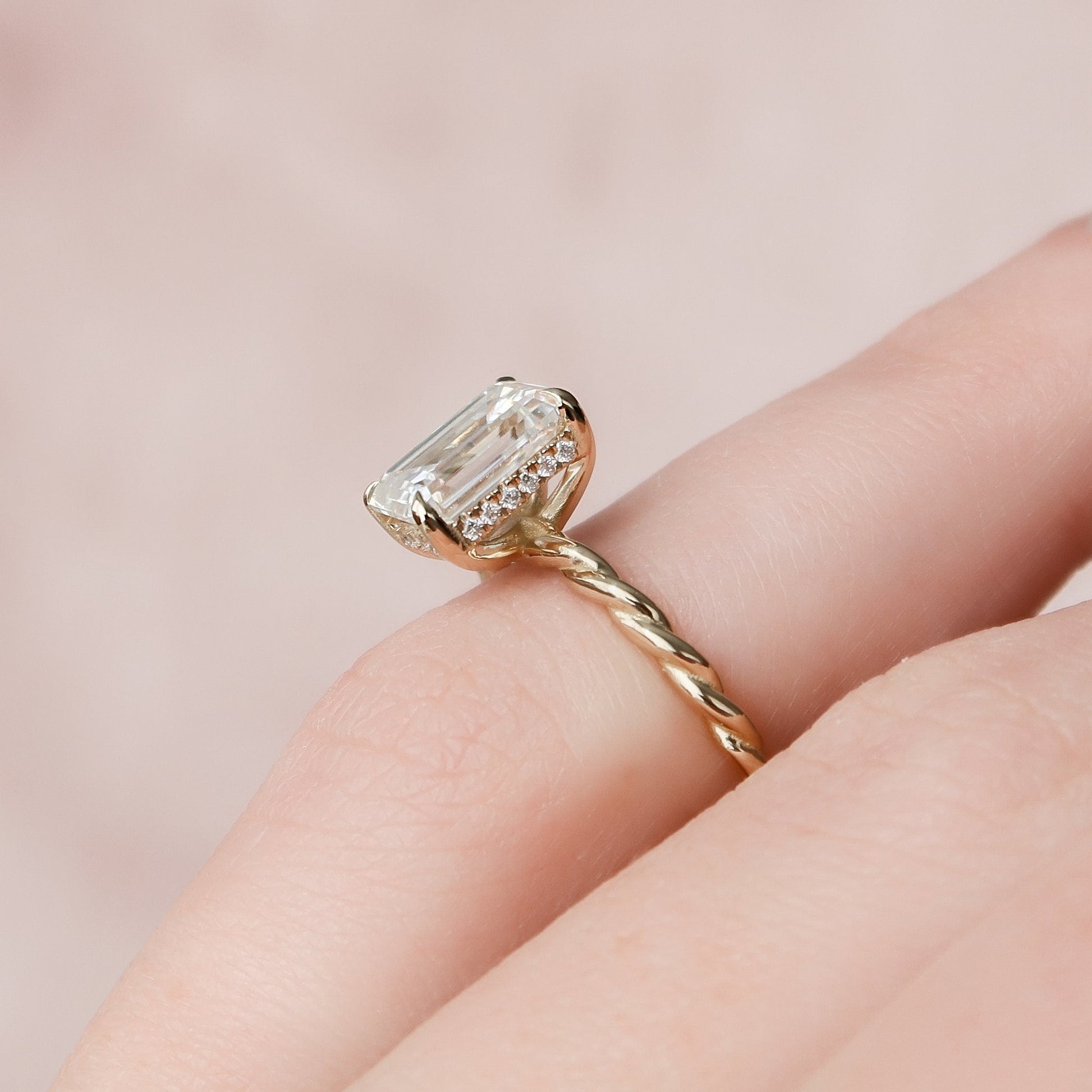 2.0 CT Emerald Twisted Shank Hidden Halo Moissanite Engagement Ring 5