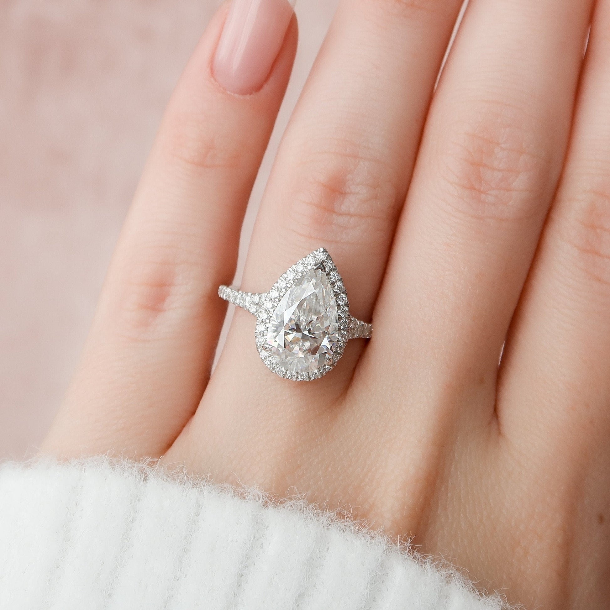 3.0 CT Pear Halo & Pave Split Shank Moissanite Engagement Ring 5