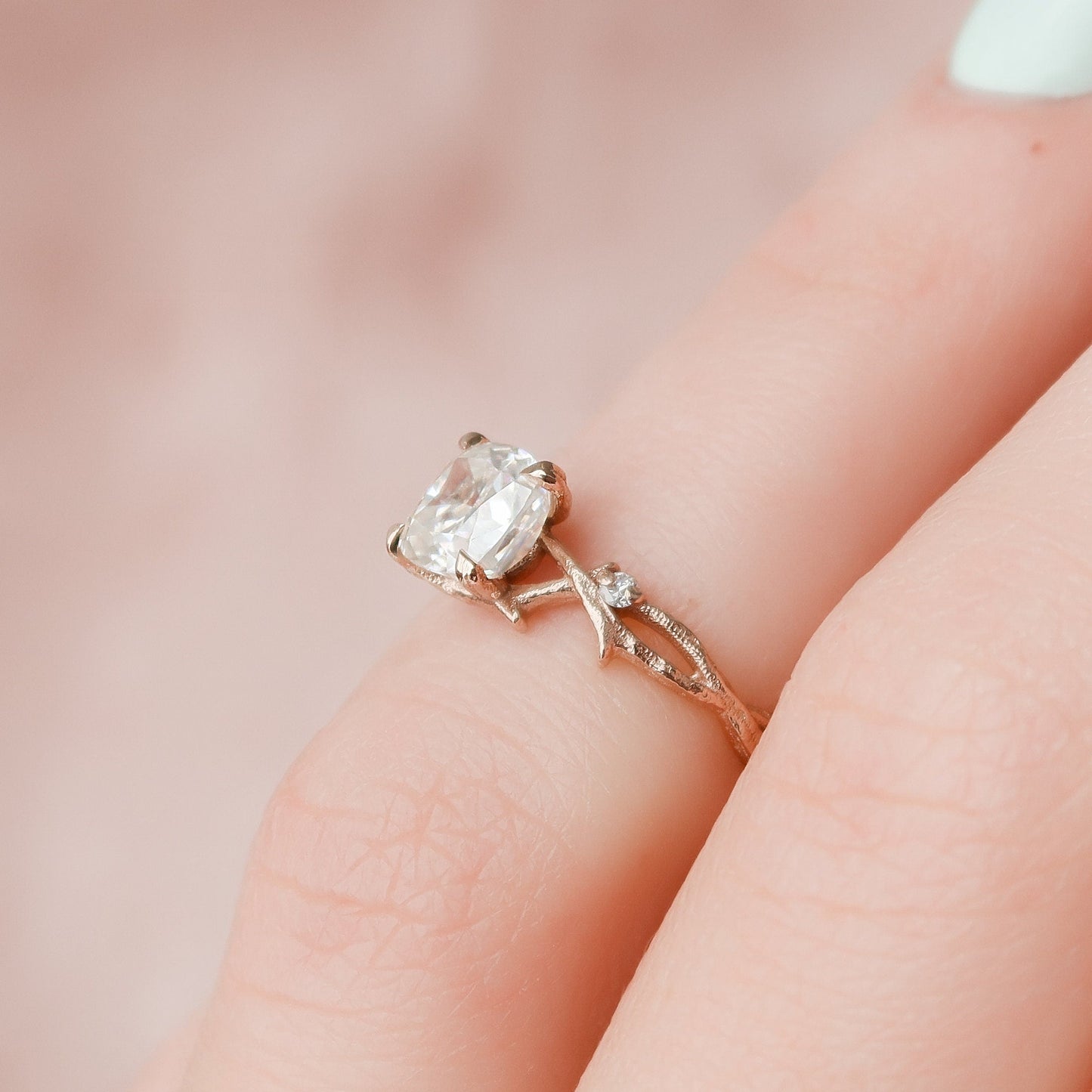 1.0 CT Cushion Twig Pave Setting Moissanite Engagement Ring 9