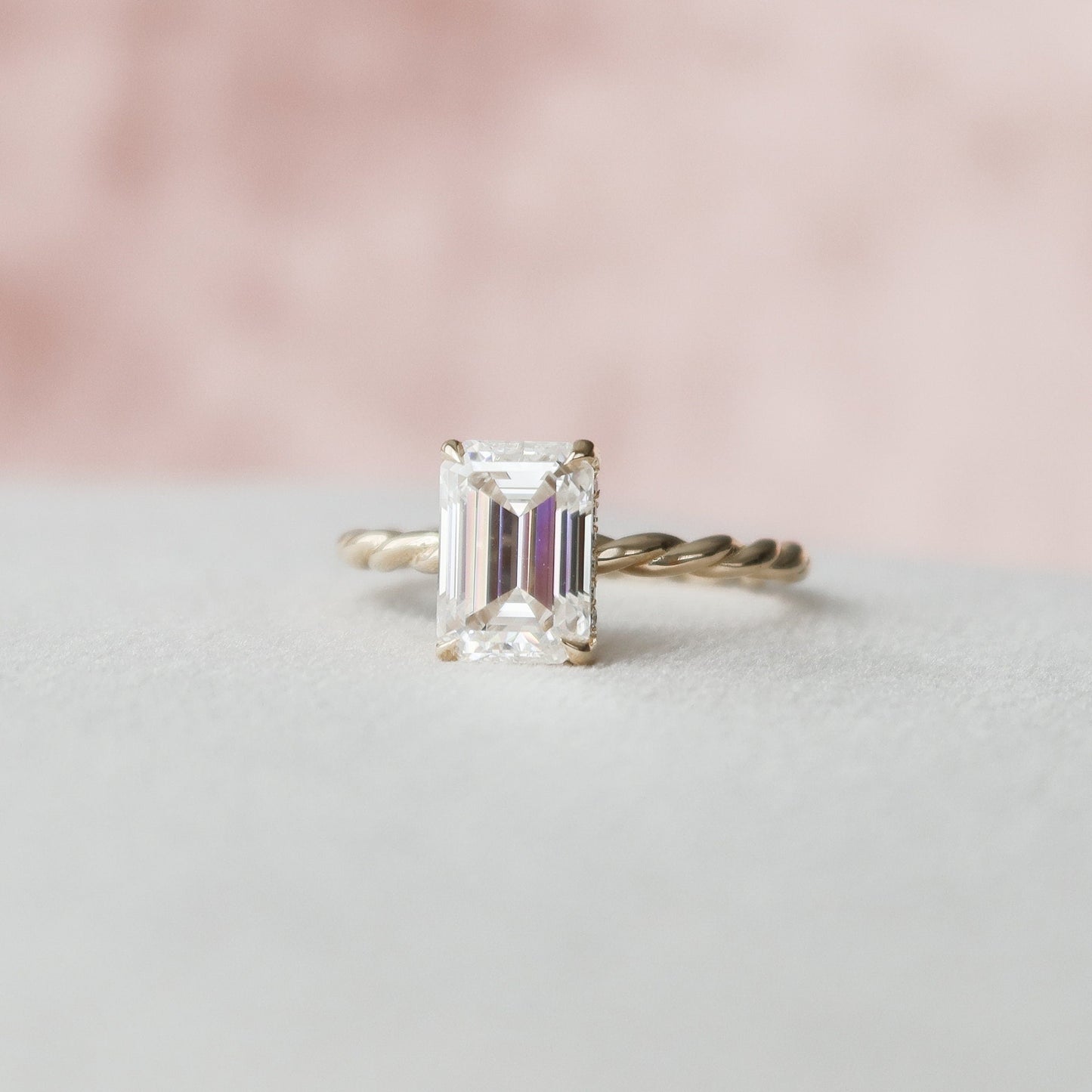 2.0 CT Emerald Twisted Shank Hidden Halo Moissanite Engagement Ring 1