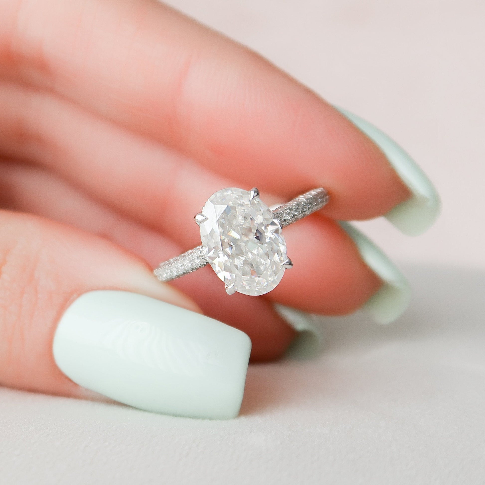 3.0 CT Oval Hidden Halo Pave Setting Moissanite Engagement Ring 2