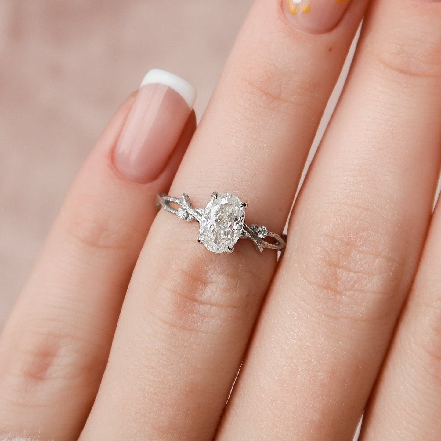 1.0 CT Oval Cut Twig Pave Moissanite Engagement Ring 10
