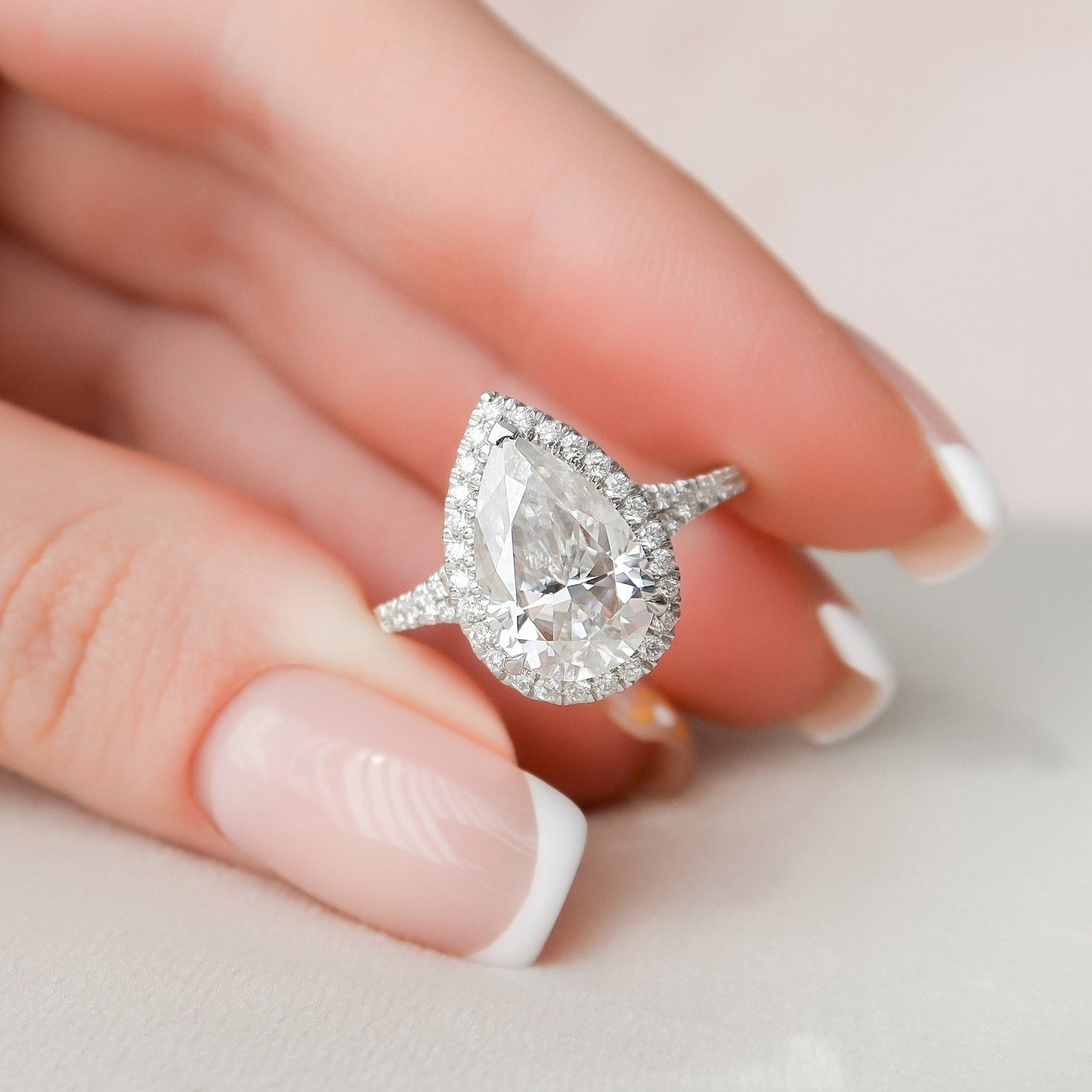 3.0 CT Pear Halo & Pave Split Shank Moissanite Engagement Ring 2