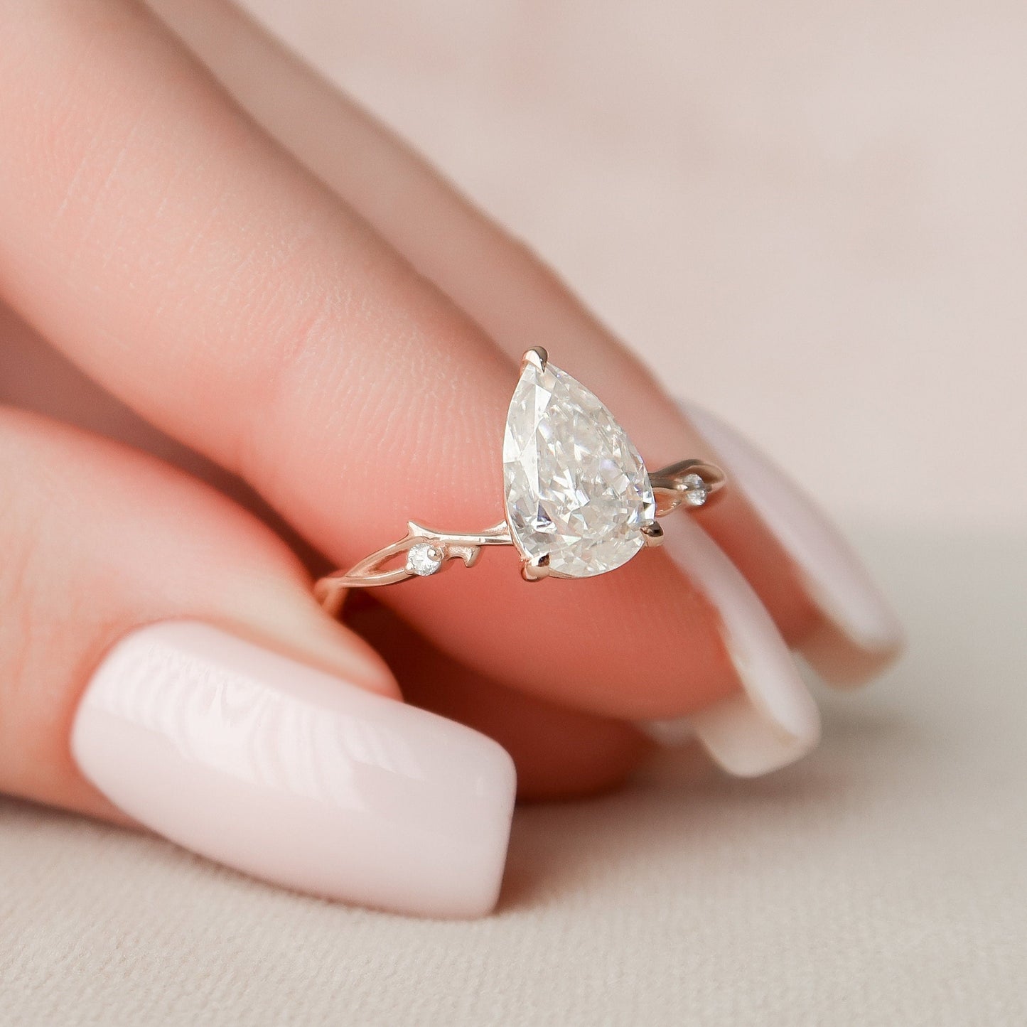 1.5 CT Pear Cut Twig Pave Moissanite Engagement Ring 5