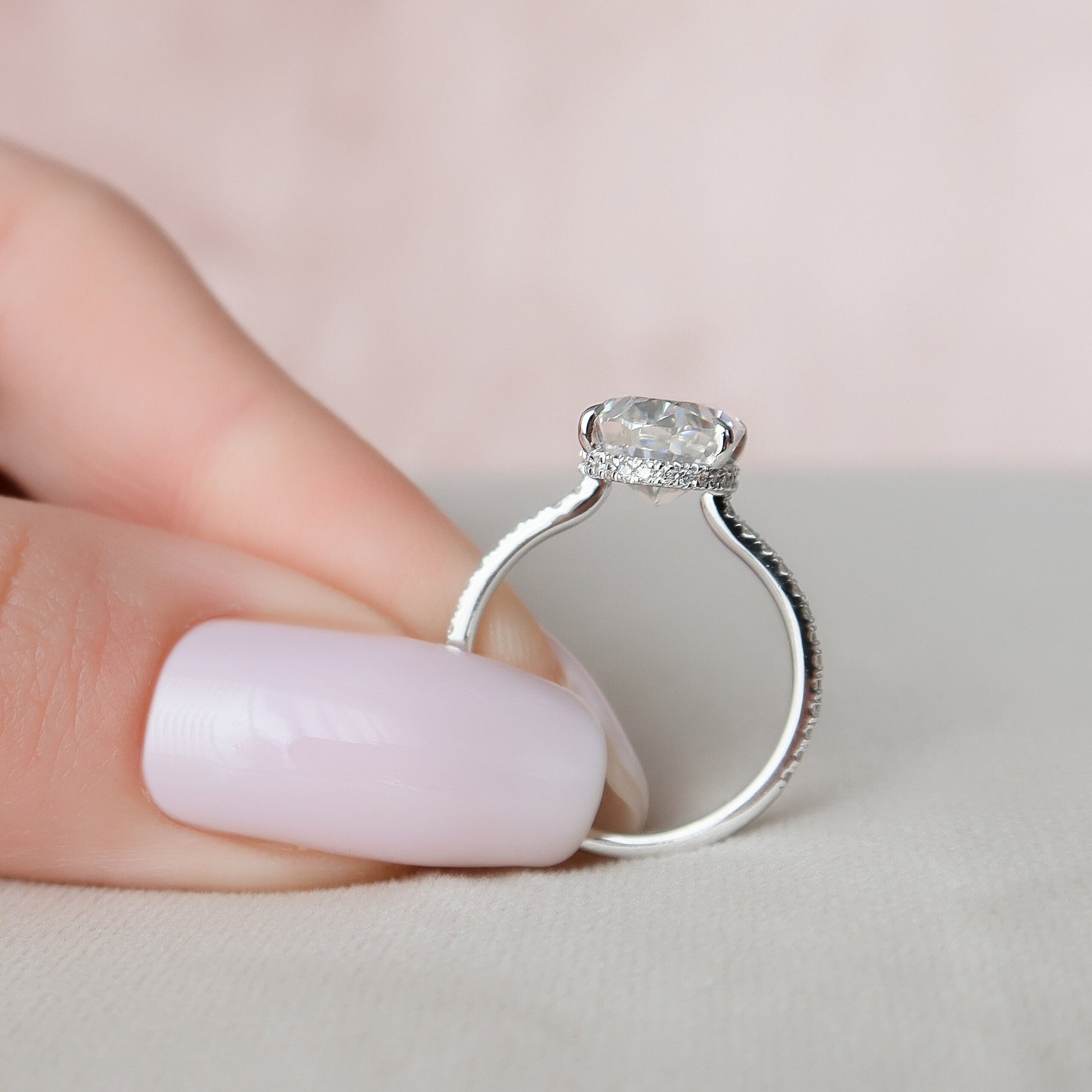 3.5 CT Oval Cut Hidden Halo Pave Setting Moissanite Engagement Ring 6