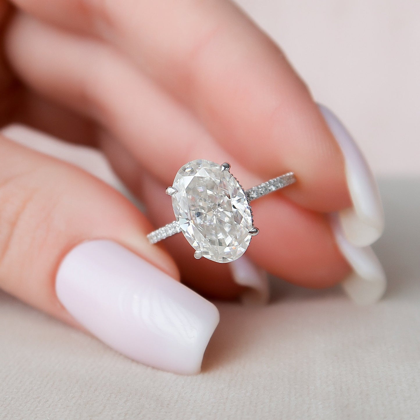 3.5 CT Oval Cut Hidden Halo Pave Setting Moissanite Engagement Ring 4