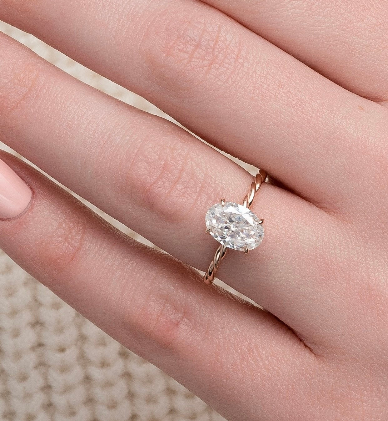 2.0 CT Oval Twisted Shank & Hidden Halo Moissanite Engagement Ring 2