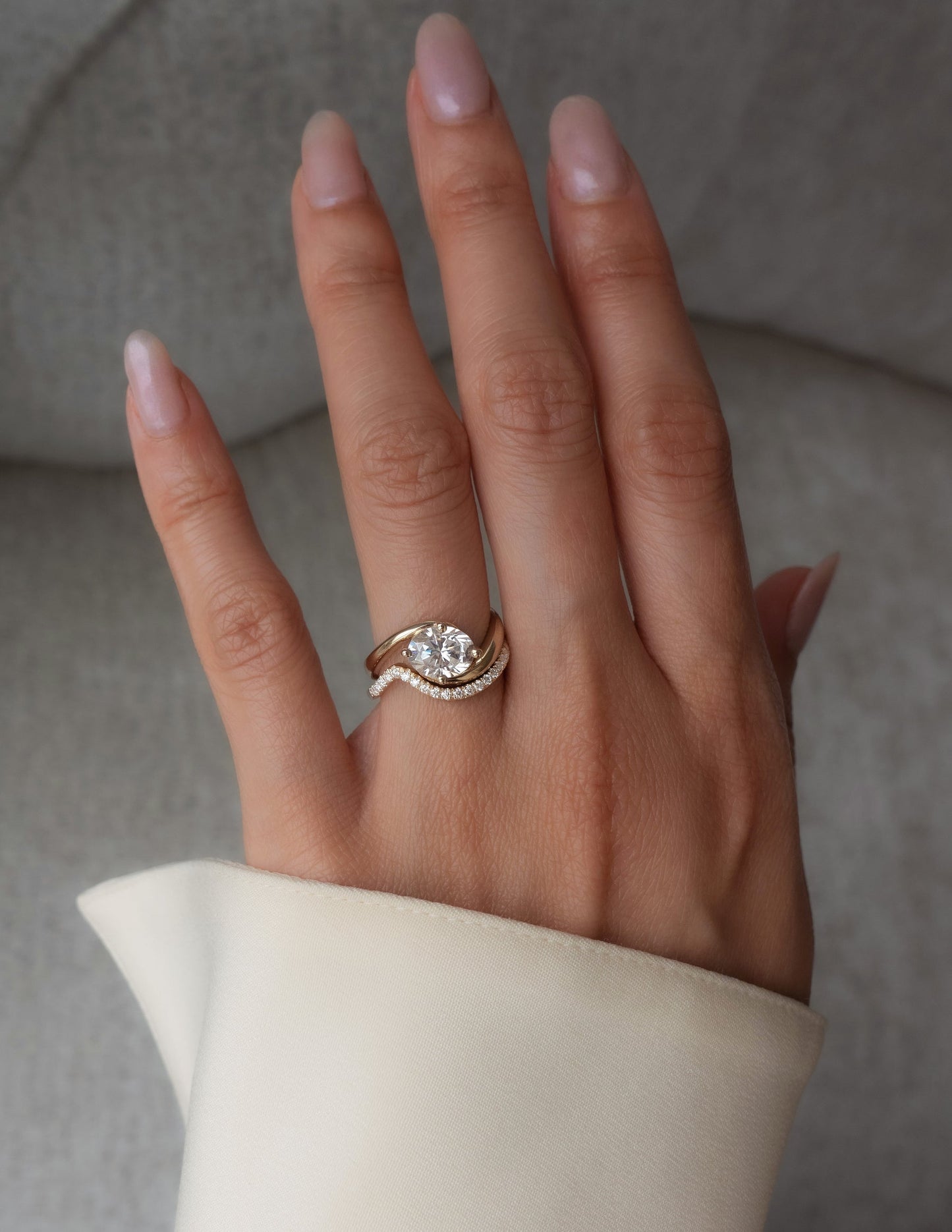 1.5 CT East West Oval Lab Grown Engagement Ring with Minimal Pave Stacking Band