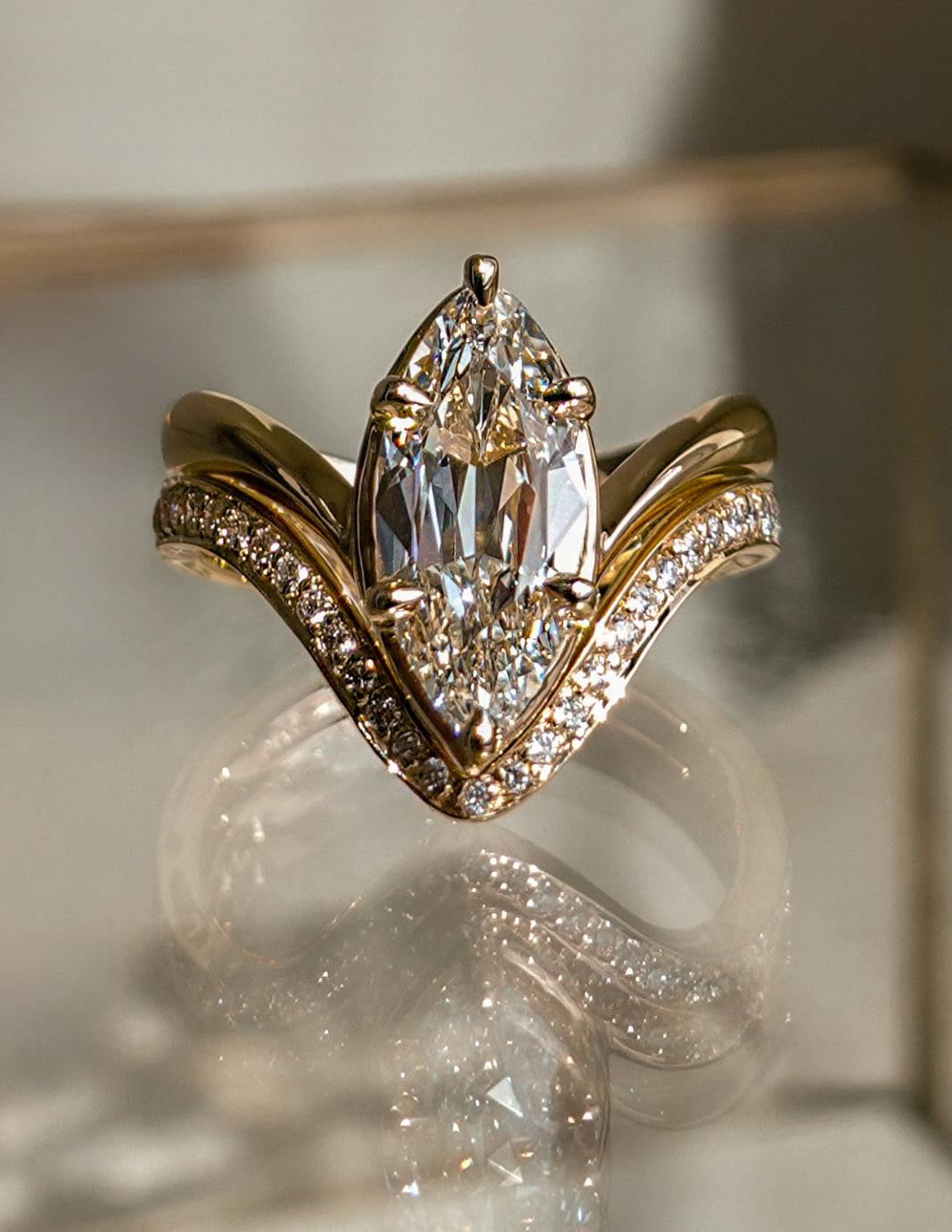 2 CT Antique Moval Lab Grown Engagement Ring with V Pave Stacking Band